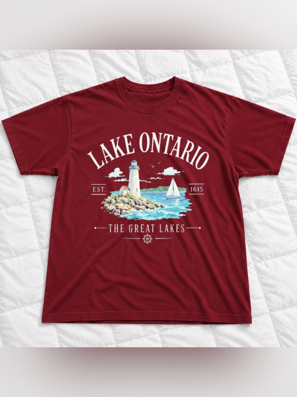 Lake Ontario Graphic Tee - Men's Red Short Sleeve Shirt Vintage Style